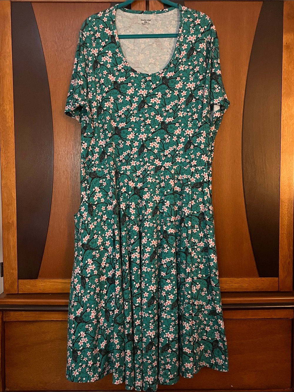 Svaha USA Teal Bird & Floral Short Sleeve Fit & Flare Dress w/Waist Seam-Pockets